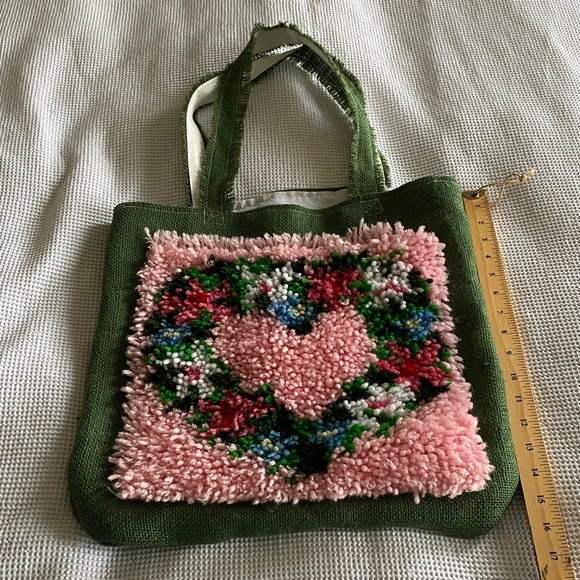 Handmade Handbags - Handcrafted Green and Pink Heart Tote Bag made out of Vintage Hook Rug & Burlap.